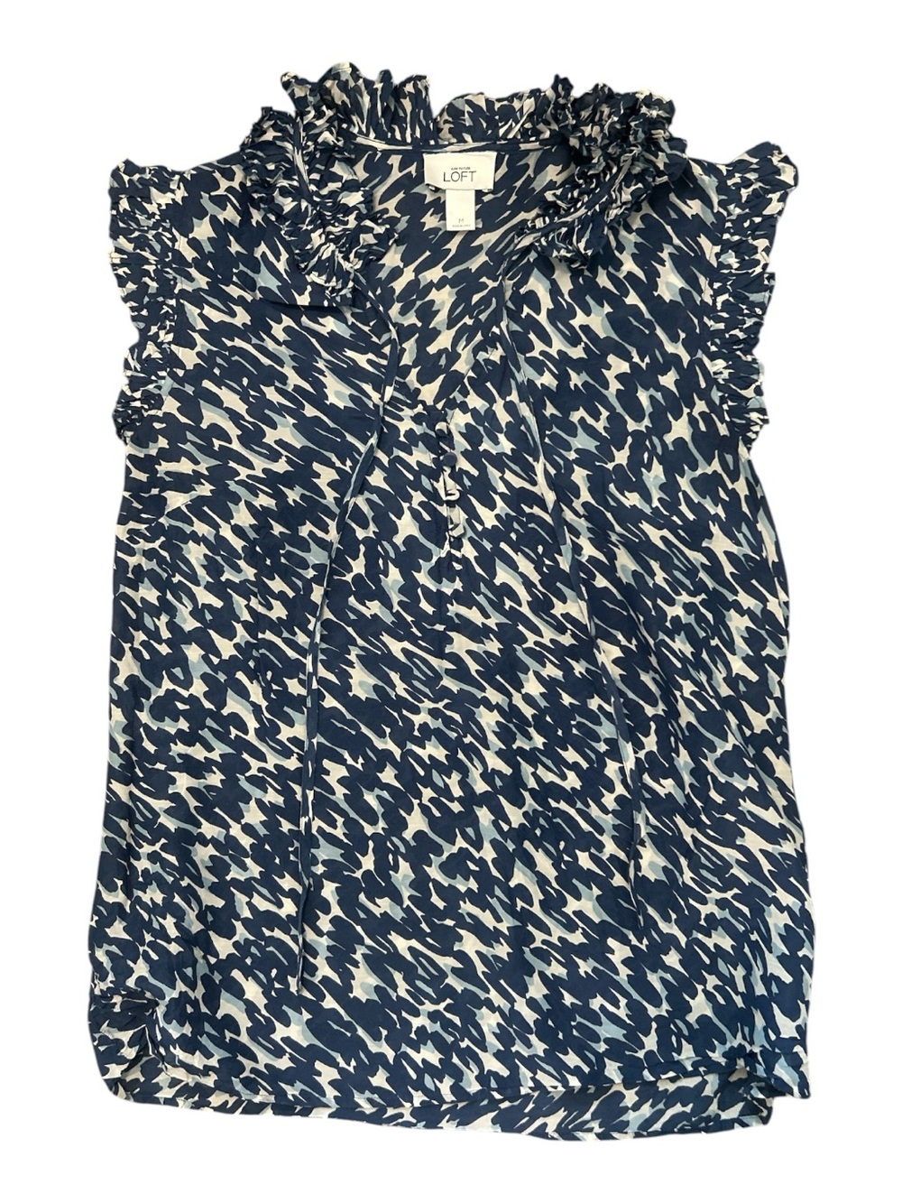 Ann Taylor LOFT Women’s Medium Ruffle Sleeve Tie Neck Blue Abstract Print Blouse